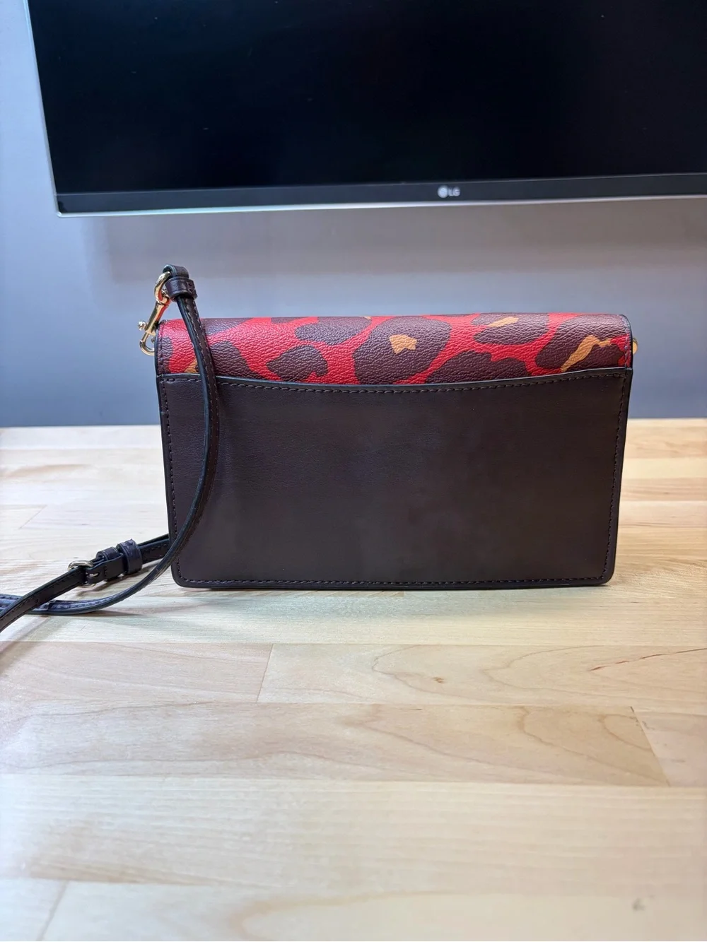 Coach Red Leopard Print Leather Crossbody Bag with Gold Logo